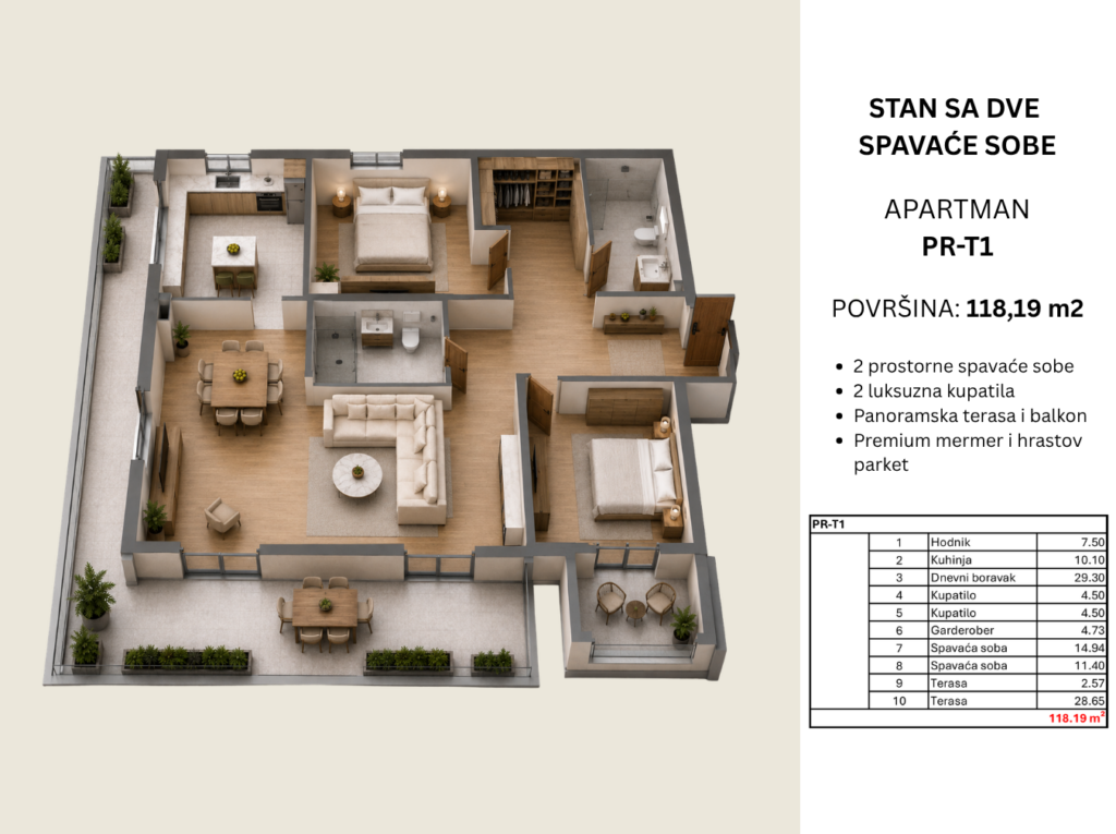 Montenegrina Residence - Apartman sa tri spavaće sobe - 118.19m2 - 6. sprat - Centralni pogled - #PR-T1 181