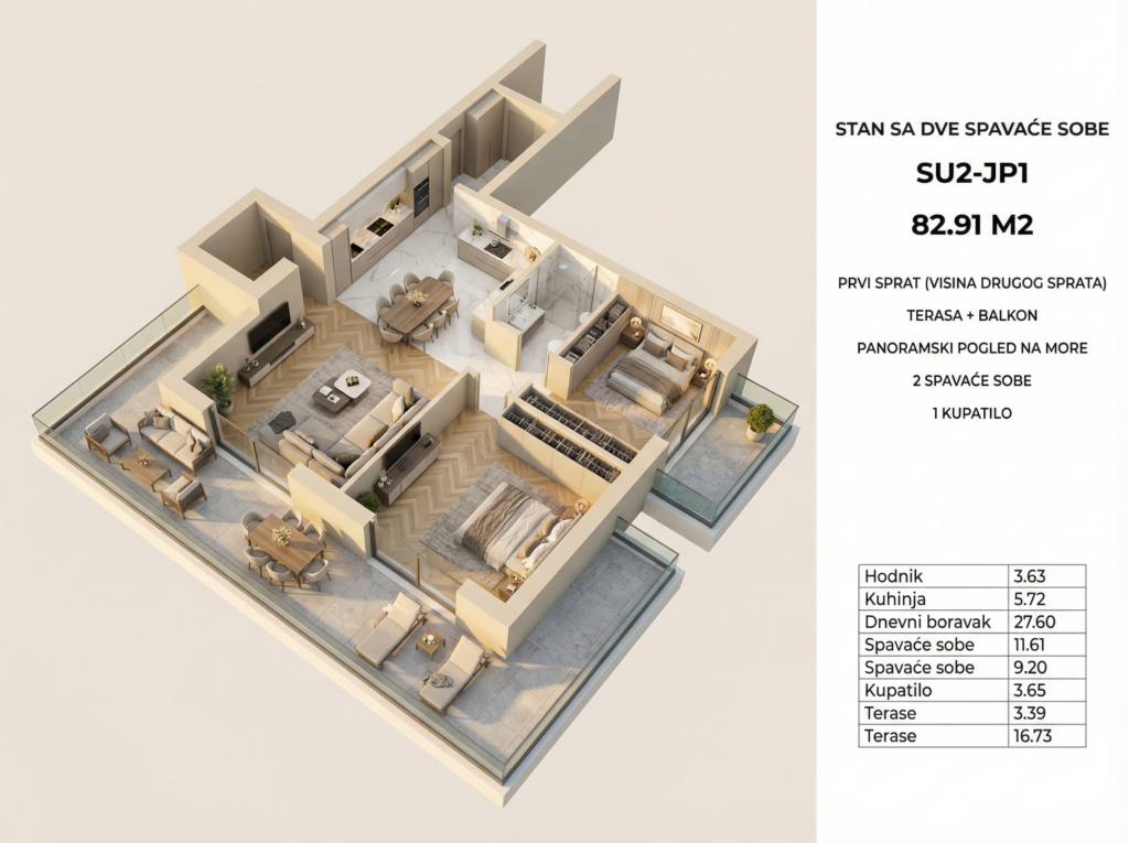 Montenegrina Residence - Apartman sa dve spavaće sobe - 82.91m2 - 1. sprat - Centralni pogled - #SU2-JP1 44 Montenegrina Residence - Apartman sa dve spavaće sobe - 82.91m2 - 1. sprat - Centralni pogled - #SU2-JP1 43