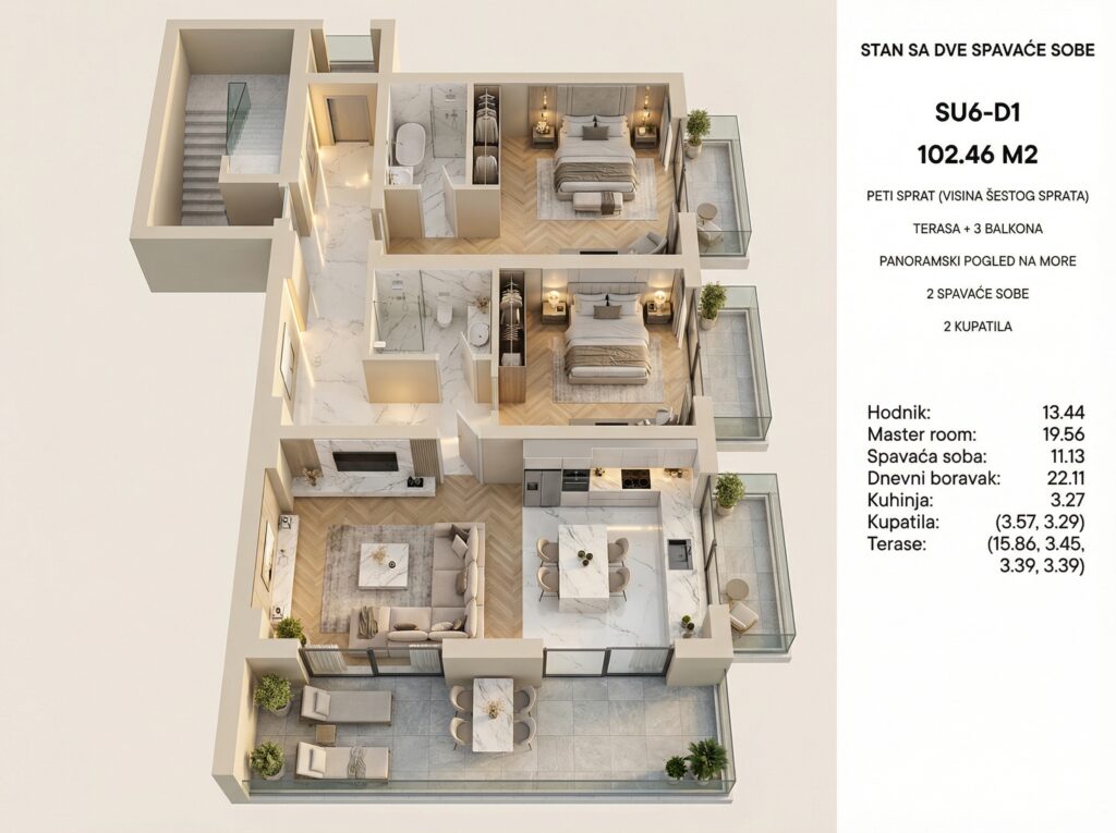 Montenegrina Residence - Apartman sa dve spavaće sobe - 102.46m2 - 5. sprat - Centralni pogled - #SU6-D1 40