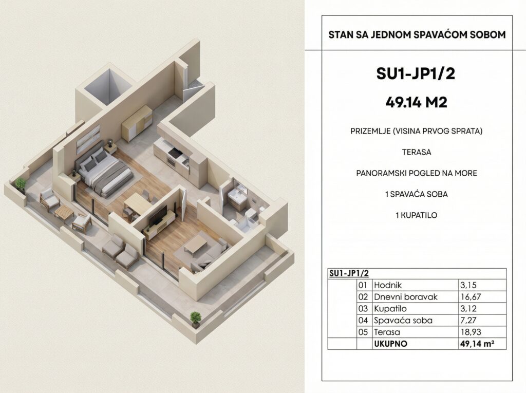 Montenegrina Residence - Apartman sa jednom spavaćom sobom - 49.14m2 - Visoko Prizemlje - Centralni pogled - #SU1-JP1/2 37