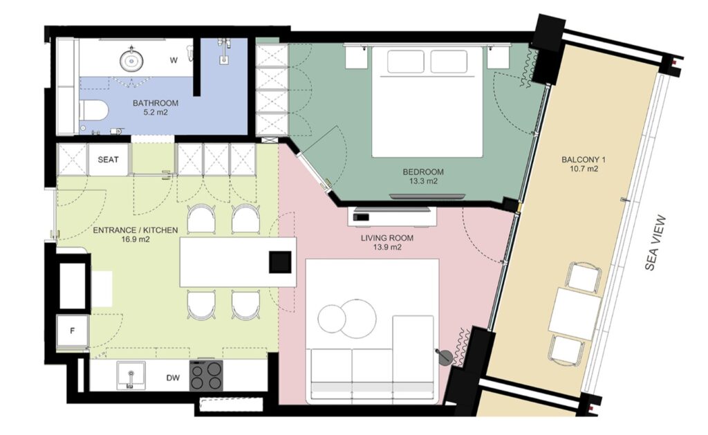 Prva linija Bečići - Novogradnja - Apartman sa jednom spavaćom sobom - 60m2 - Pogled na more - B843 13
