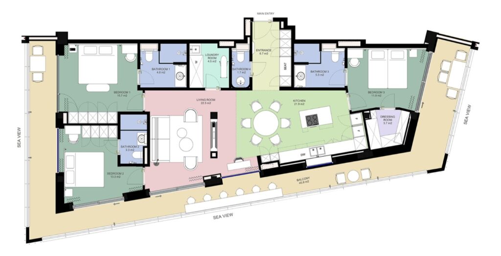 Prva linija Bečići - Novogradnja - Apartman sa tri spavaće sobe - 161m2 - Pogled na more - B844 13