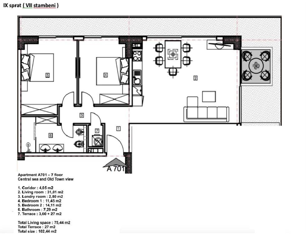Porto Budva – Dvosoban apartman A701, 9. sprat, 102,44 m² - Panoramski pogled na more i Stari Grad 73