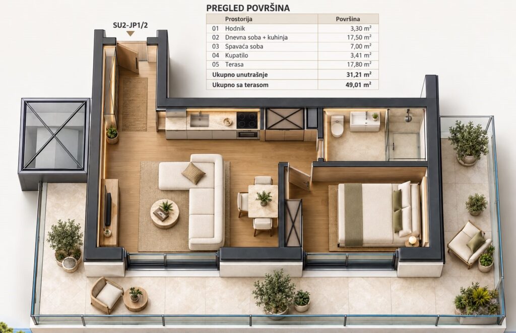 Montenegrina Residence - Apartman sa jednom spavaćom sobom - 49.01m2 - 1. sprat - Centralni pogled - #SU2-JP1/2 87